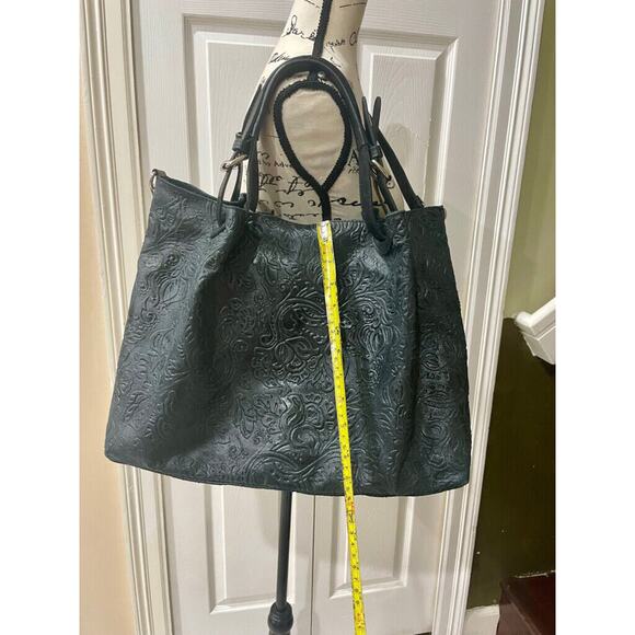 STELLA BIANCA SATCHEL CROSSBODY BAG MADE IN ITALY TOOLED EMBOSSED BLACK LEATHER - Picture 5 of 13